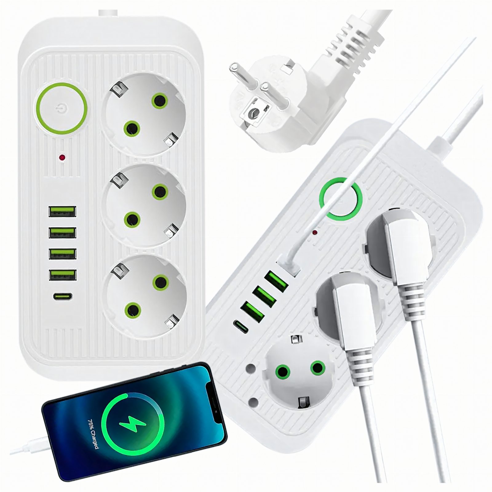 Listwa Zasilająca Przedłużacz Sieć 2m 3 Gniazda 5 x USB Ładowarka Włącznik