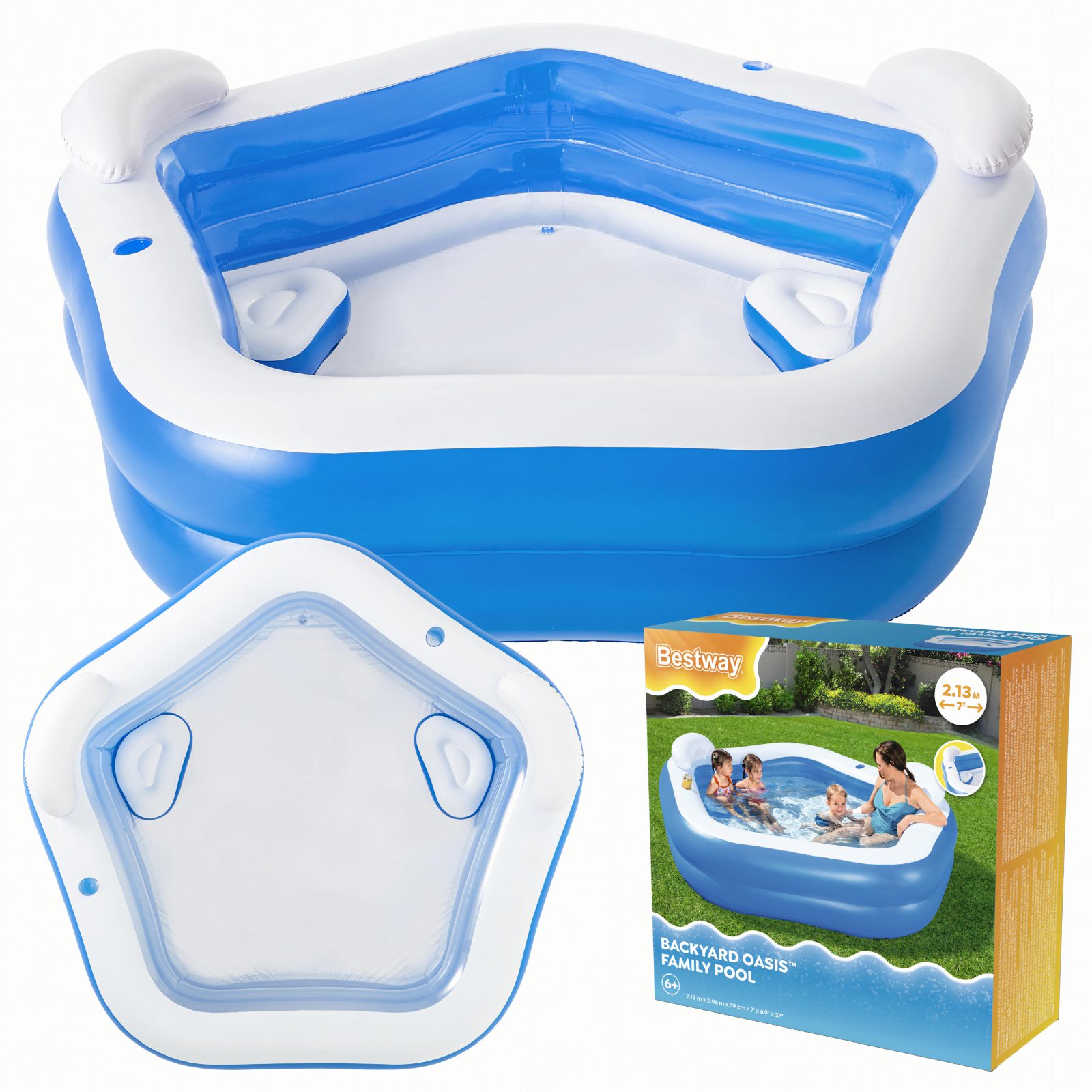 Bestway 54153 Basen Dmuchany Pięciokąt z Siedzeniami Ogrodowy 213x206x69cm 