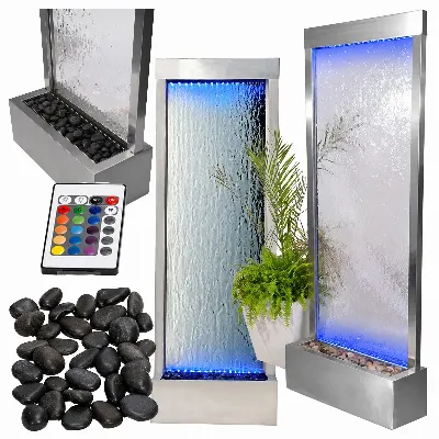 Fontanna Ściana Kaskada Wodna Ogrodowa Podświetlana LED Szklana 150x45cm 
