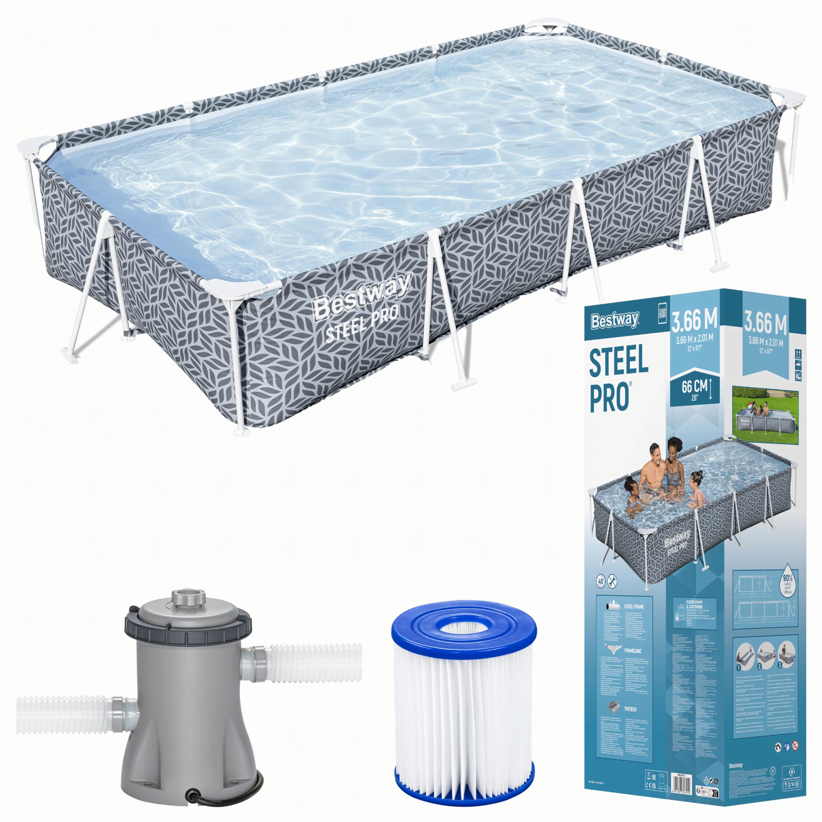 Bestway 561FV  Steel Pro Basen Stelażowy Prostokątny Ogrodowy 366x201x66 cm