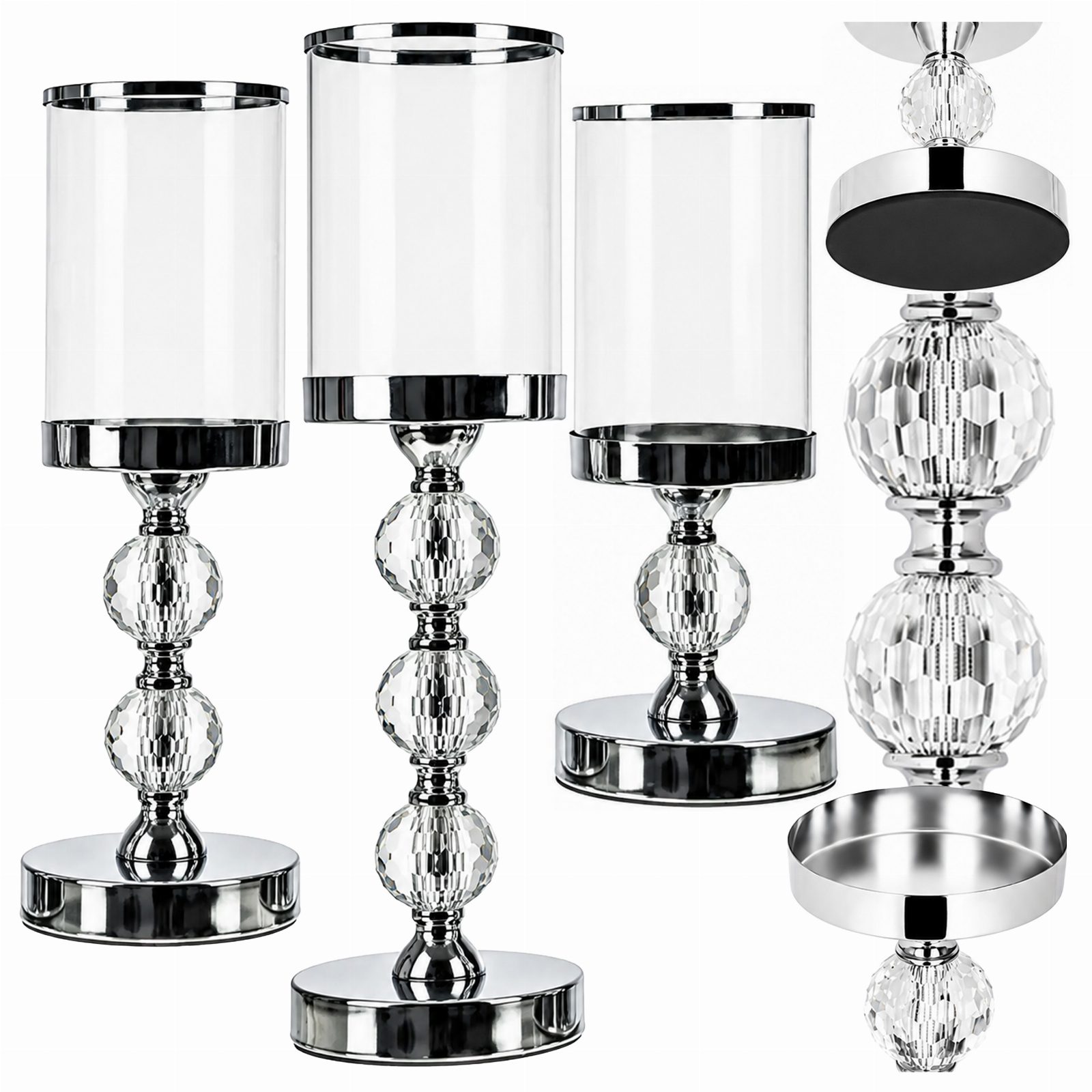 Świecznik Świeczniki Szklane Metalowe Srebrne Lampion Glamour Zestaw 3 szt