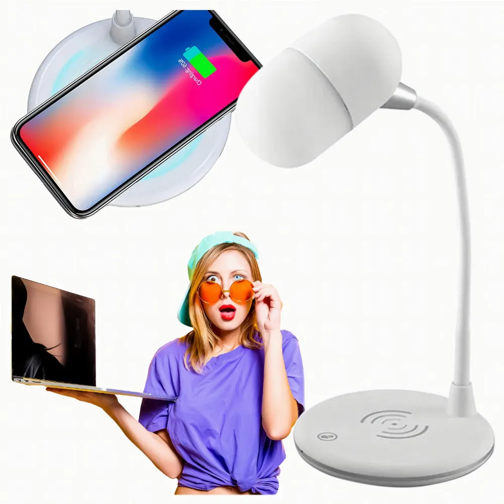 Lampka Biurkowa Nocna Ładowarka Indukcyjna Głośnik Bluetooth Szkolna Nauka