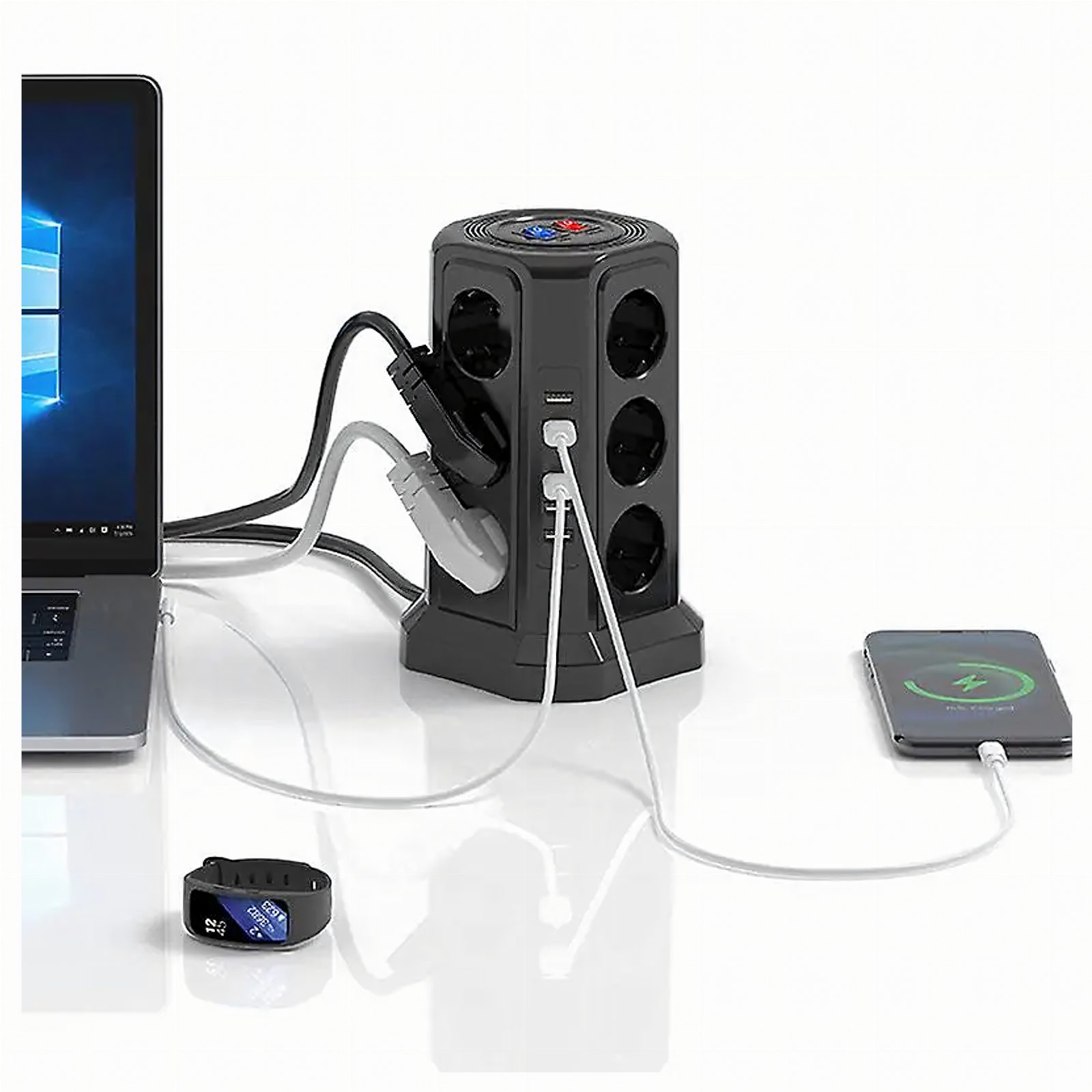 Listwa Zasilająca Stojąca Ochronna Odgromowa 12 Gniazd + 5 Portów Usb Reset