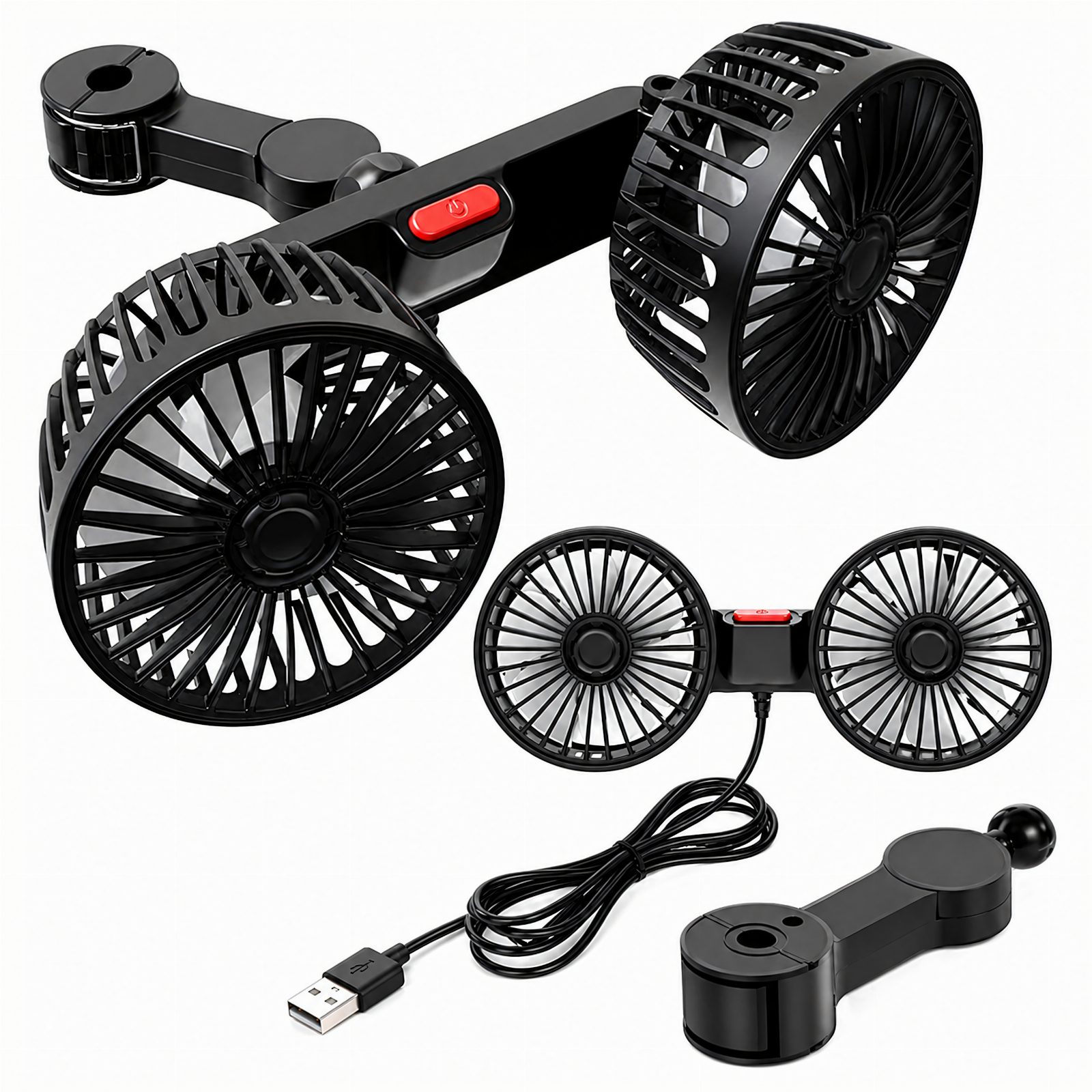 Wentylator Samochodowy Wiatrak Obrotowy Podwójny do Auta Mocny 360° USB