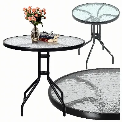 Stolik Szklany Hartowany Kawowy na Balkon Taras Patio Okrągły Czarny 60 cm