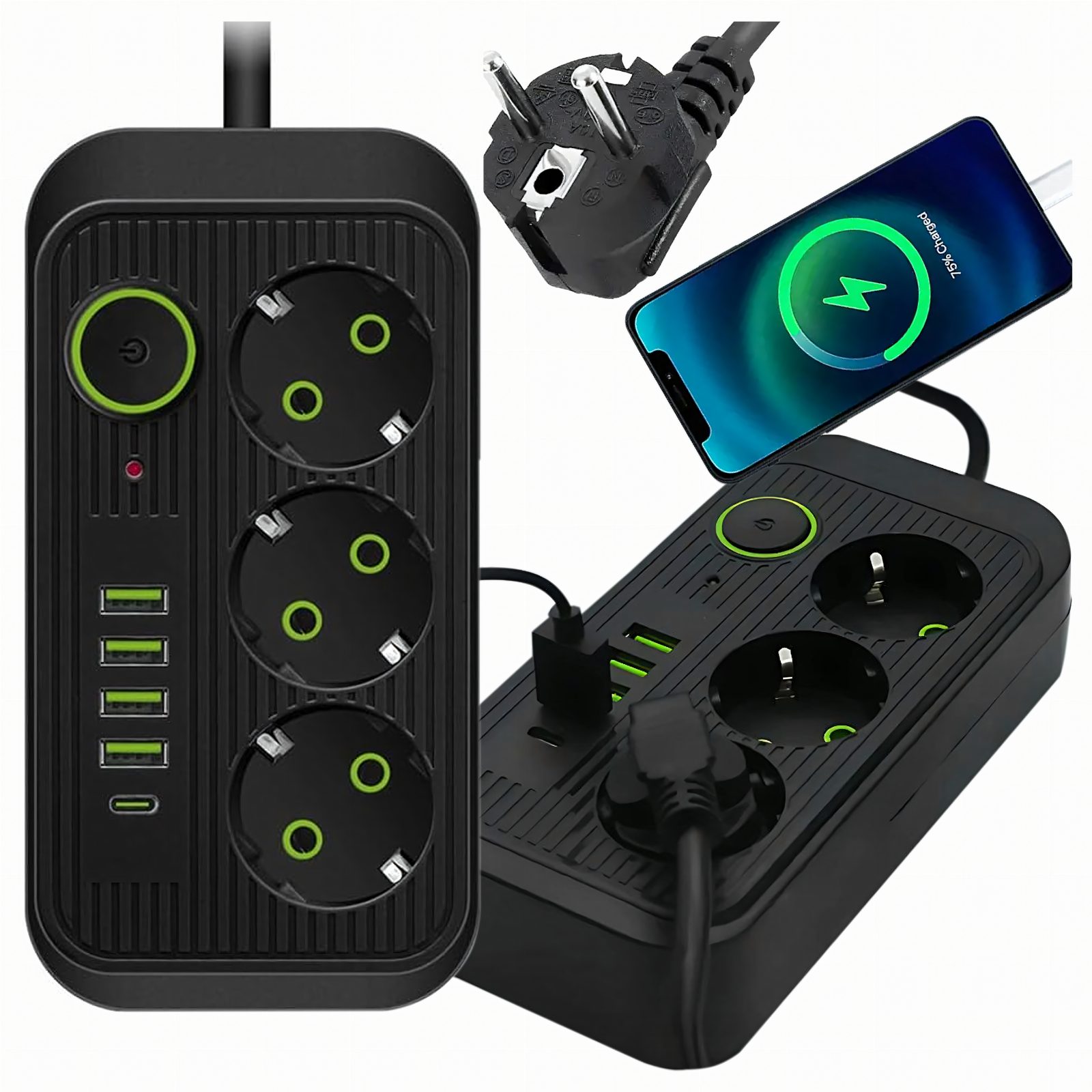 Listwa Zasilająca Przedłużacz Sieć 2m 3 Gniazda 5 x USB Ładowarka Włącznik