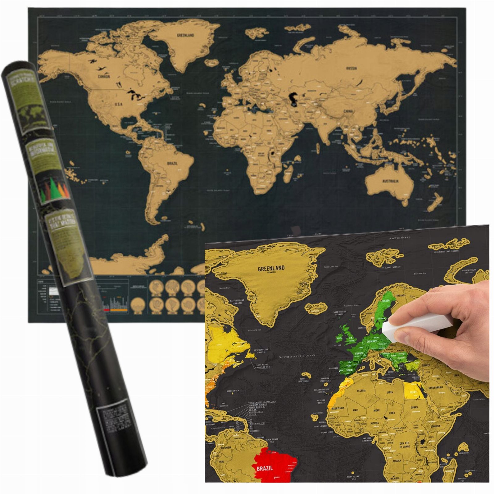 MAPA ŚWIATA ZDRAPKA DUŻA PREZENT DLA PODRÓŻNIKA PLAKAT + TUBA 42x30 CM