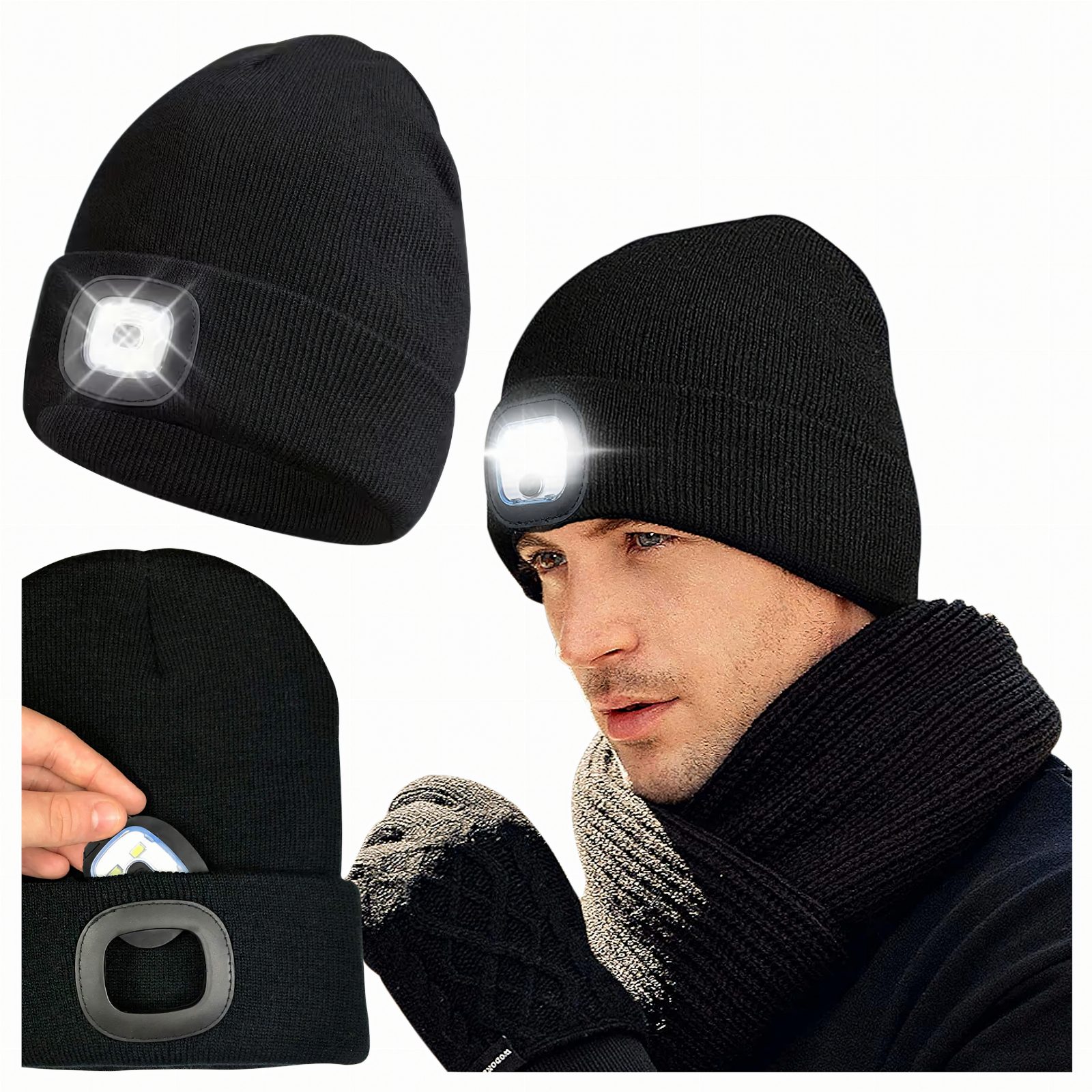 Czapka Zimowa z Latarką Led Lampką Czołówka Ciepła do Biegania Czarna USB
