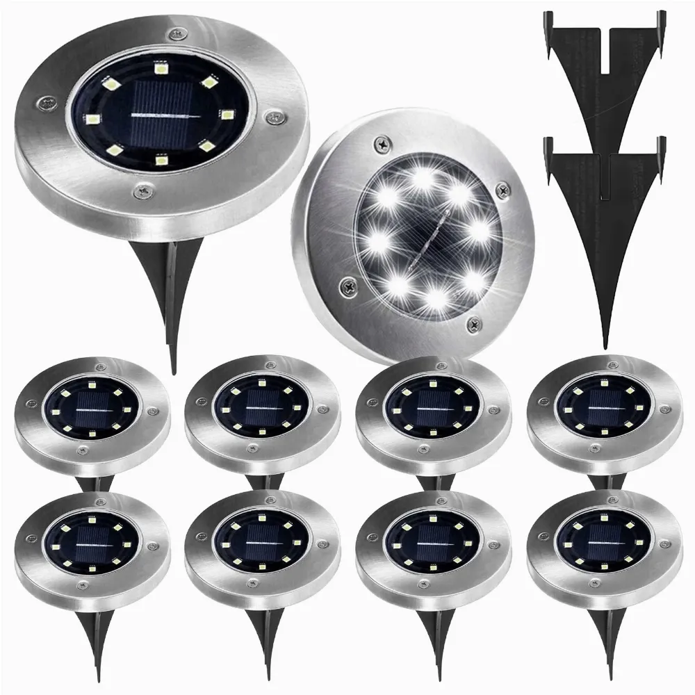 10x Lampa Solarna Ogrodowa Dysk Lampki Led Gruntowe Czujnik Zmierzchu 8 Led